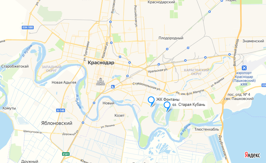 ЖК Фонтаны относительно частей Краснодара