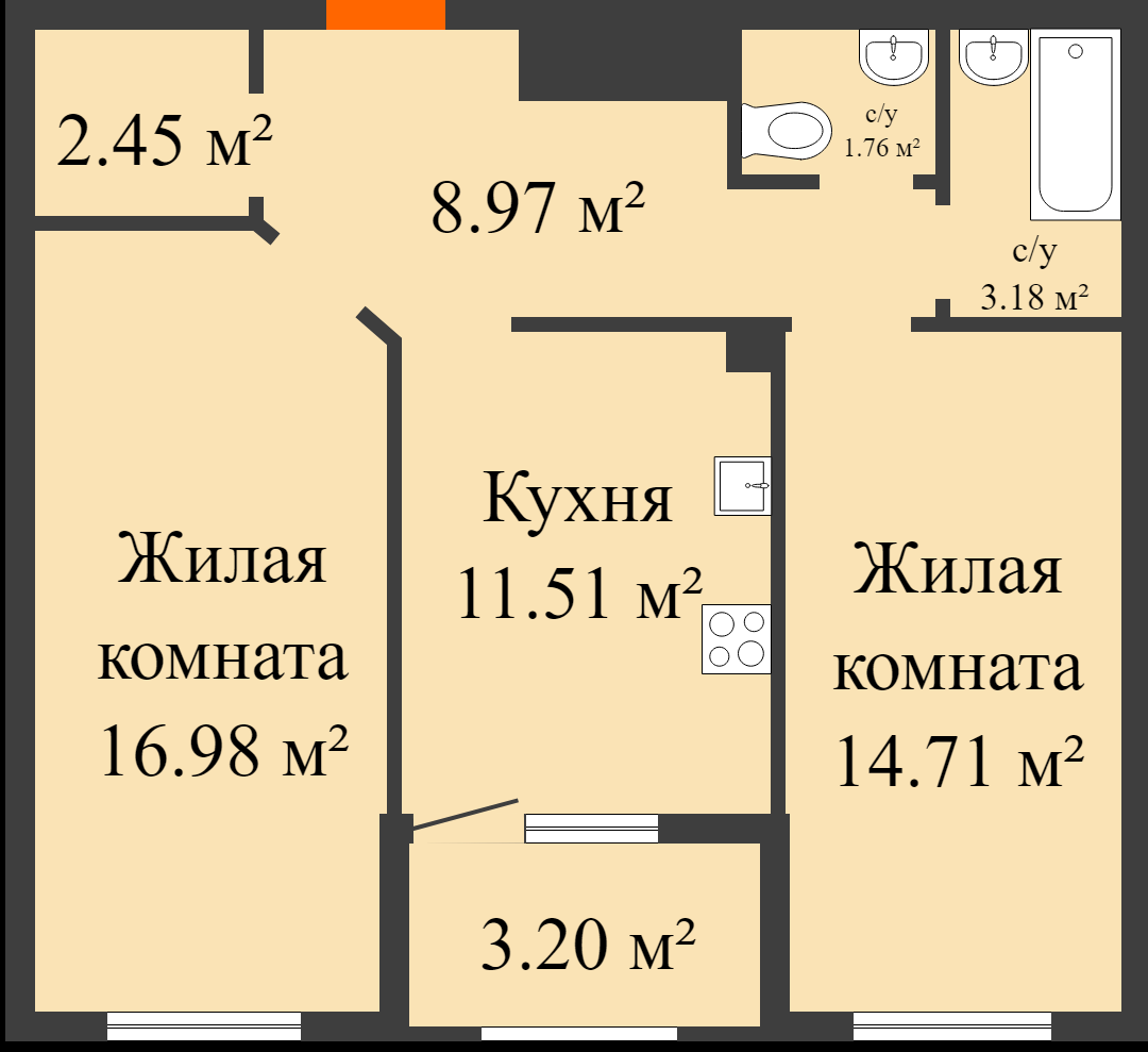 Планировка двухкомнатной квартиры с кухней в центре