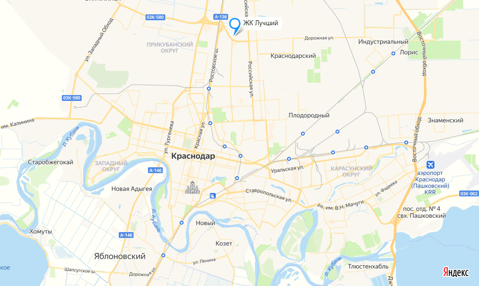 ЖК относительно центра и районов Краснодара