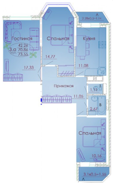 Планировка трехкомнатной квартиры 73.5 кв м