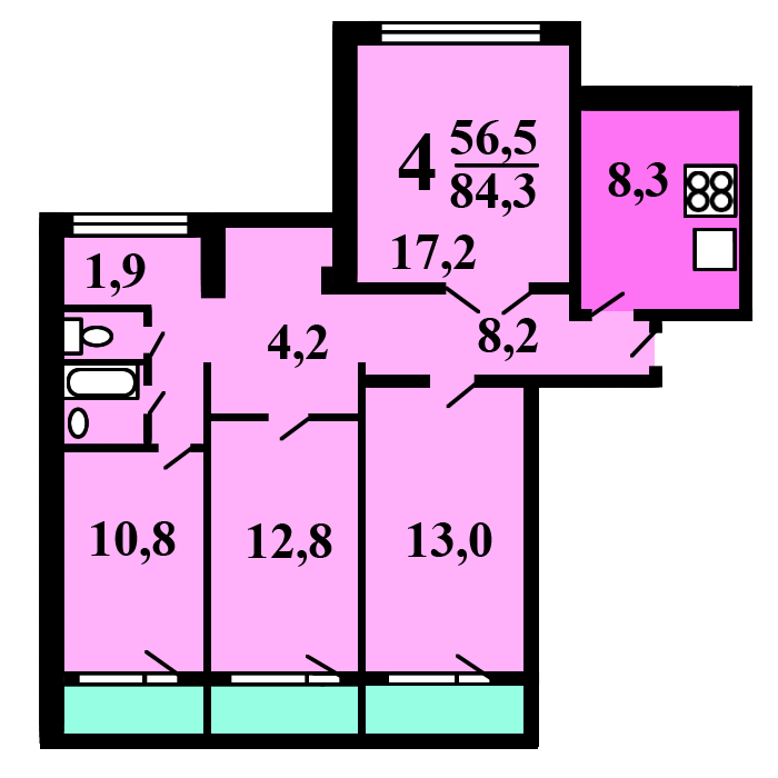 Планировка четырехкомнатной квартиры в доме серии П-55<br>Источник:&nbsp;https://flatinfo.ru/planirovka_kvartiry.php?seria=31